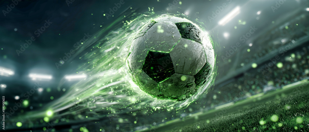 Fototapeta premium A soccer ball flies through the air in a stadium, leaving behind green sparks and glowing against a vibrant green background. This scene captures action and excitement