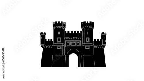 Fortress Outline: A minimalist black and white outline of a medieval fortress with turrets, battlements, and a prominent arched gateway.