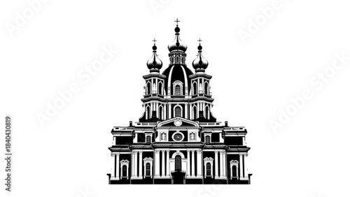 Monumental Architectural Marvel: A detailed monochrome depiction of a historic religious structure, showcasing intricate design and grand scale.