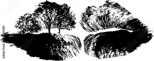 Mirrored lips with tree silhouettes in black and white stencil art for creative design