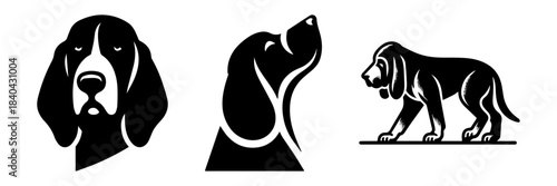 Bloodhound Dog Breed Silhouette Set: Head Profile and Full Body Poses.