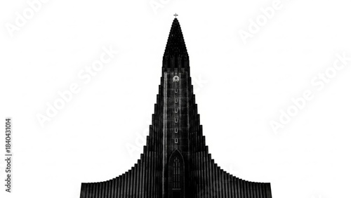 Architectural Grandeur: An austere, monochrome image of a cathedral with a towering spire against the backdrop of a vast, ethereal sky.