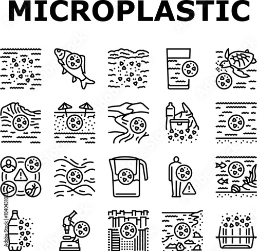 microplastic pollution ocean icons set vector