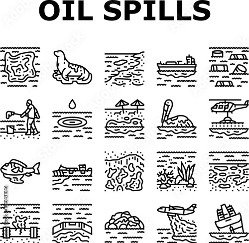 oil spills pollution cleanup icons set vector