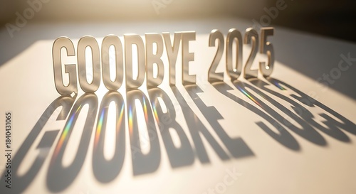 Goodbye 2025 text casting shadow on a white surface view