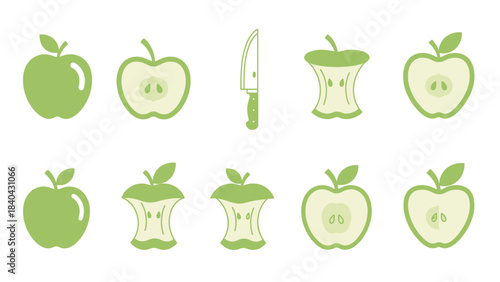 Apple Icon Color Set – Green and Black Fruit Silhouette Vector Collection