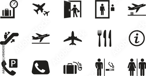 Comprehensive black flat airport and travel related public service icons collection for modern navigation systems
