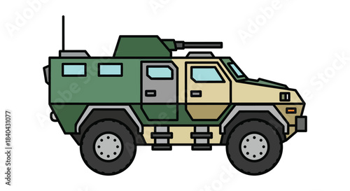 Armored military transport vehicle ready for tactical deployment in rugged terrain