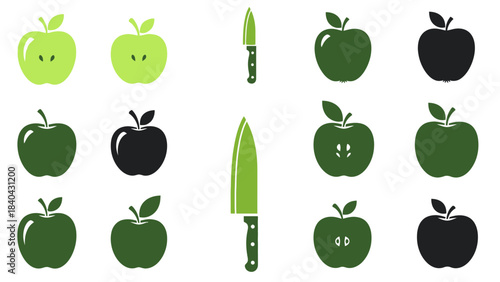 Apple Icon Color Set – Green and Black Fruit Silhouette Vector Collection