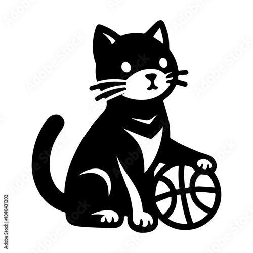 Cat with basketball black and white illustration cute animal.
