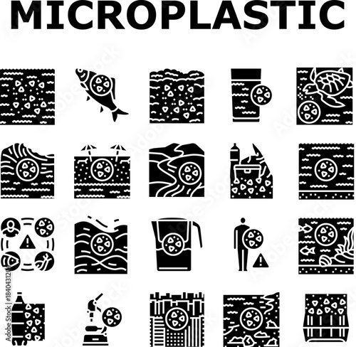 microplastic pollution ocean icons set vector