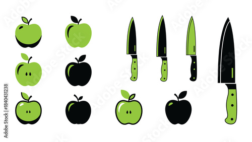 Apple Icon Color Set – Green and Black Fruit Silhouette Vector Collection