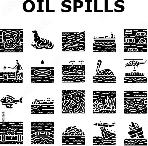 oil spills pollution cleanup icons set vector