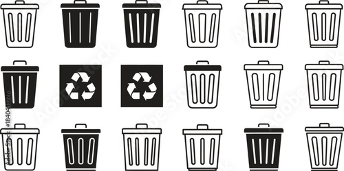 Comprehensive collection of black and white trash can and recycling icons representing waste management concepts