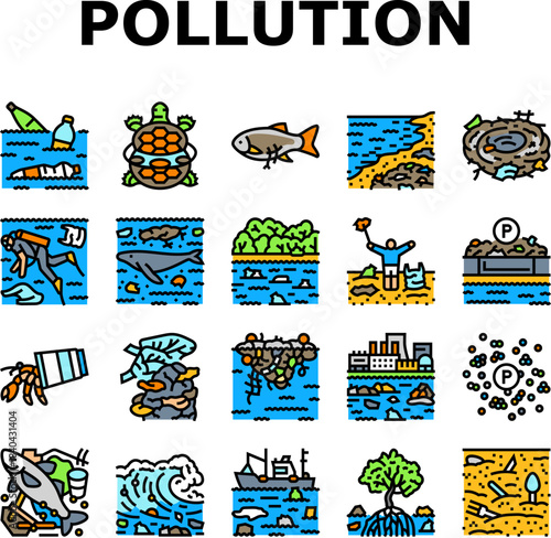 plastic pollution microplastics icons set vector