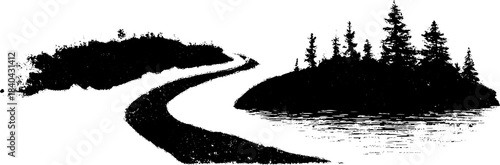 Monochrome stencil illustration of undercurrent trails and forest landscape