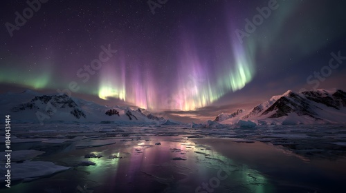 Brilliant green aurora borealis illuminates frozen polar waters beneath a dark, starry sky