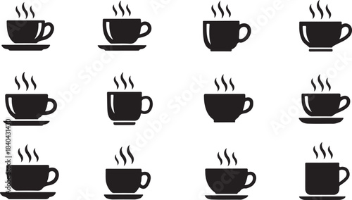 Grid of Black Coffee Cups with Steam drink