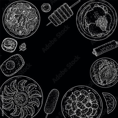 Korean food frame. Hand drawn top view Korean food dishes vector sketch illustration. Mandu, corn dog,samgyetang, japchae, bulgogi, kimbap, tteokbokki