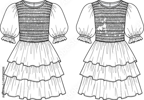 Women's Fashion Technical Flat Sketch of a Smocked Bodice Mini Dress with Layered Ruffle Skirt, Short Puff Sleeves, and Ruffled Hem Detailing.