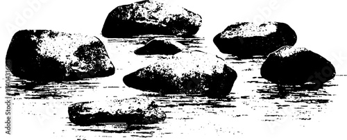 Black and white stencil illustration of underwater stones for artistic design