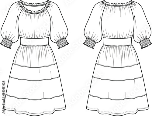 Women's Fashion Technical Flat Sketch of a Tiered Midi Dress with Off-the-Shoulder Smocked Neckline, Raglan Balloon Sleeves, and Shirred Waist.