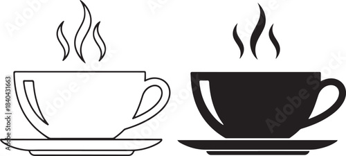 Outline and Solid Black Coffee Cup with Steam drink