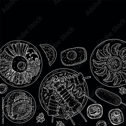 Korean food frame. Hand drawn top view Korean food dishes vector sketch illustration. Bibimbap, odeng, kimcgi, mandu, corn dog, kimbap, egg bread