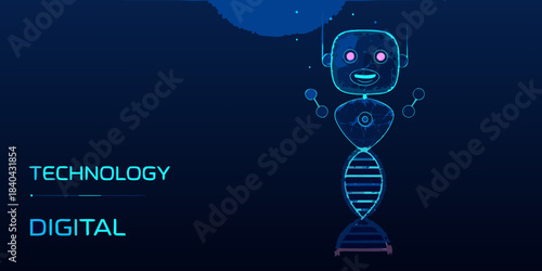 Futuristic robot with dna structure and digital technology elements displayed
