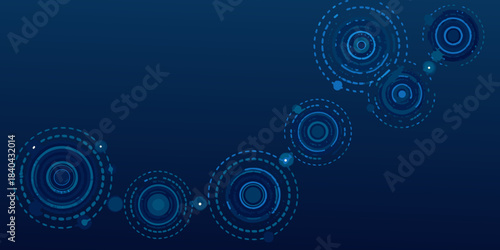 Abstract blue background with interconnected circular dotted patterns and glowing spheres