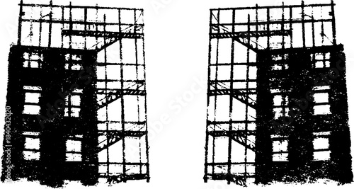 Urban balcony cages stencil art - black and white architectural design