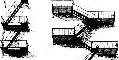 Urban architectural balcony cages stencil art in black and white