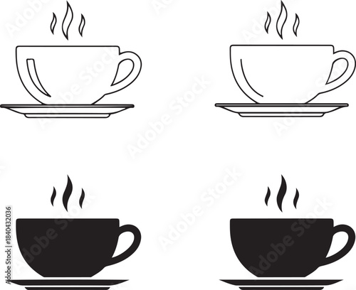 Outline and solid black coffee cups with steam on saucers hot beverage drink