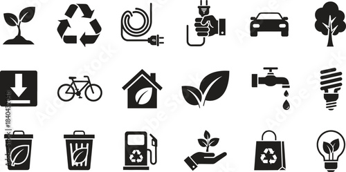 Comprehensive environmental sustainability icon set illustrating ecofriendly living green energy and nature conservation concepts