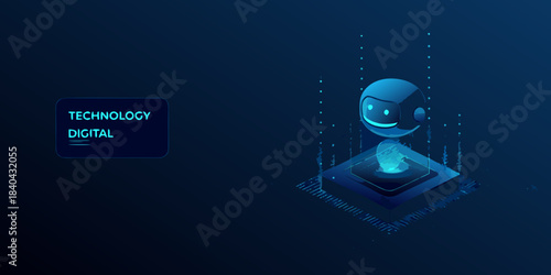 Futuristic robot head design with digital binary code and technology concepts