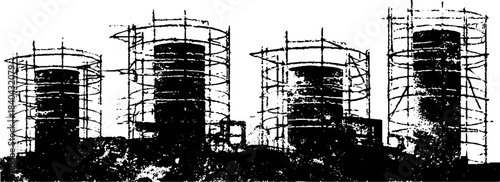Abstract urban balcony cage silhouettes in black and white stencil art for creative design