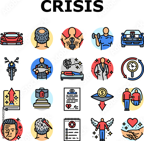man midlife crisis aging icons set vector