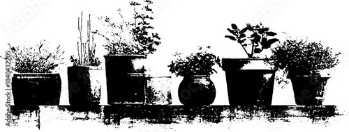 Black and white urban rooftop edges stencil illustration featuring plant pots