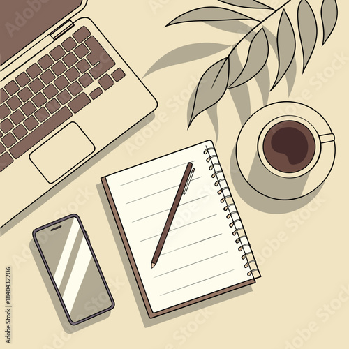Minimalist Desk Setup: Laptop, Notebook, Coffee, and Smartphone - Productivity and Home Office Essentials
