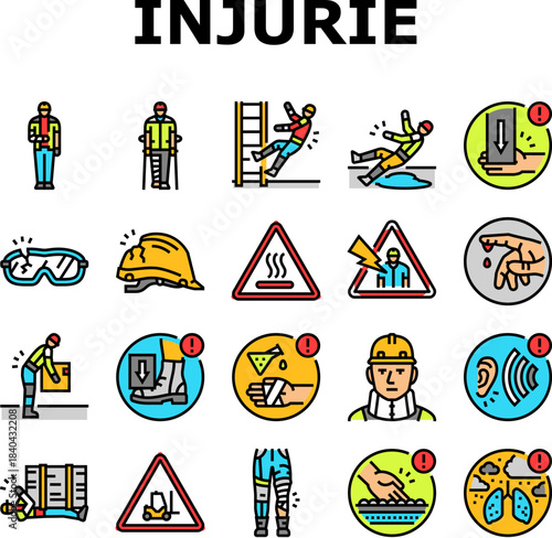 workplace injuries accident icons set vector