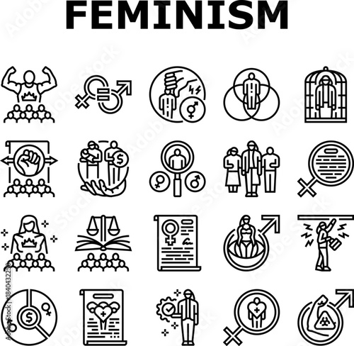 feminism patriarchy gender icons set vector