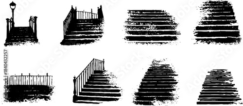 Black and white stencil art of urban stair railings and steps