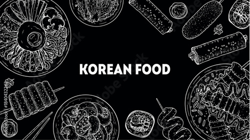 Korean food frame. Hand drawn top view Korean food dishes vector sketch illustration. Bibimbap, tteokbokki, nakji bokkeum, kibap, odeng, corn dog, kimchi
