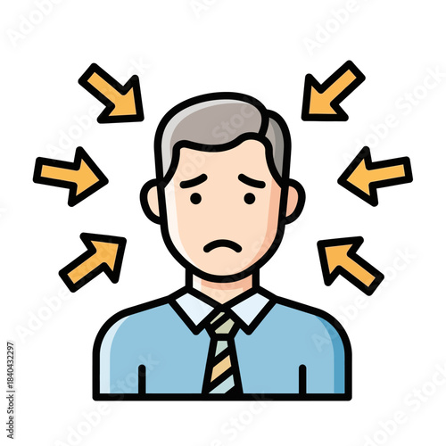 Man feeling stressed and overwhelmed by arrows pointing at him.