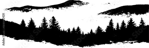 Black and white stencil art of valley fog and mountain silhouettes