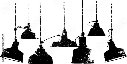 Black and white stencil of vintage industrial hanging lights for interior design and decor