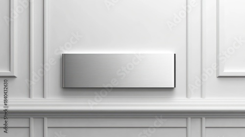 Blank, silver rectangular sign on white paneled wall