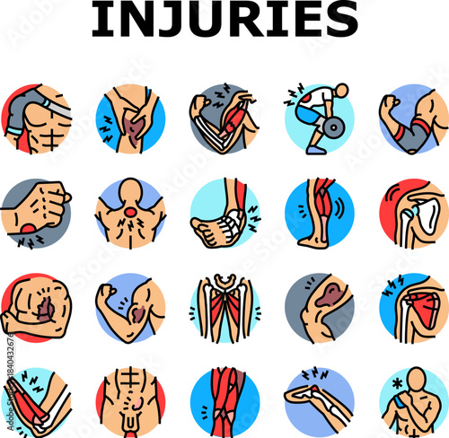 bodybuilder injuries icons set vector