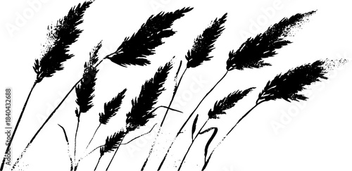 Black and white stencil art of tall meadow grass waves for posters or cards