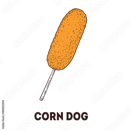 Corn dog sketch. Korean food. Hand drawn vector illustration. Top view.